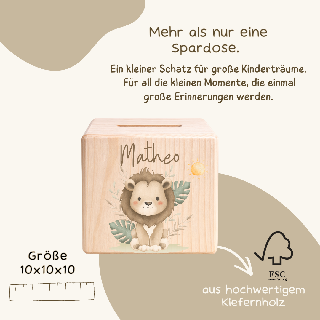 Personalisierte Spardose aus Holz - Safari Tiere