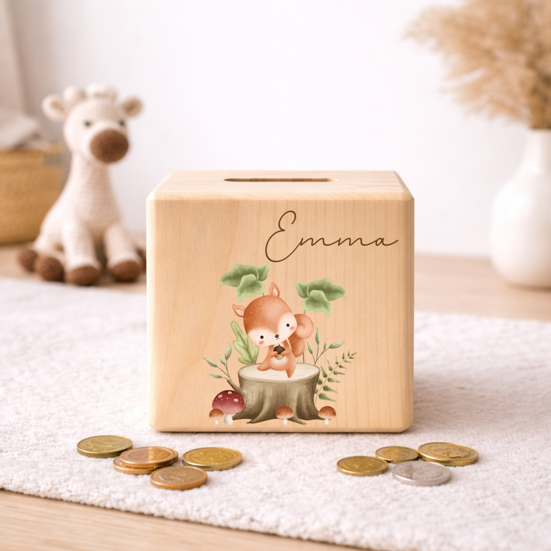Personalisierte Spardose aus Holz - Waldtiere