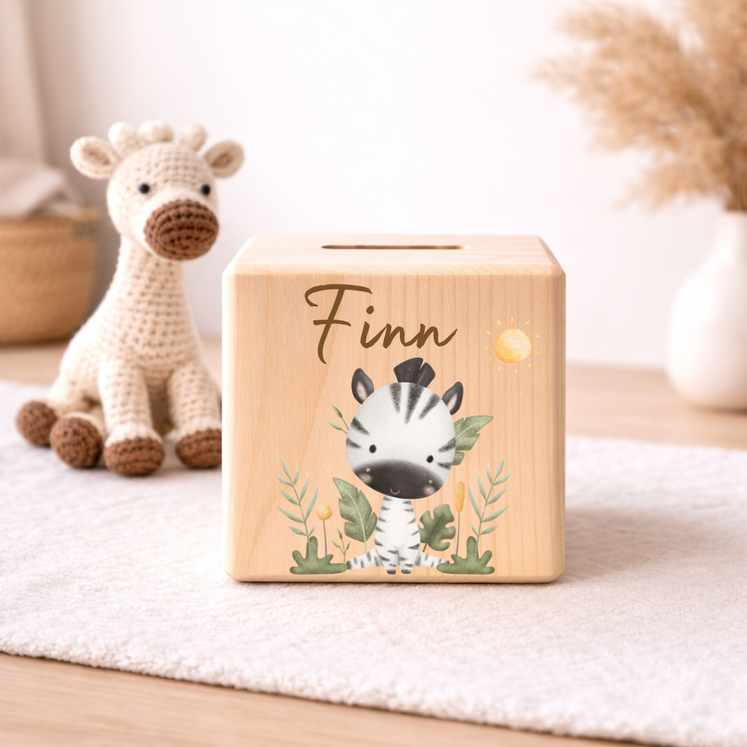 Personalisierte Spardose aus Holz - Safari Tiere