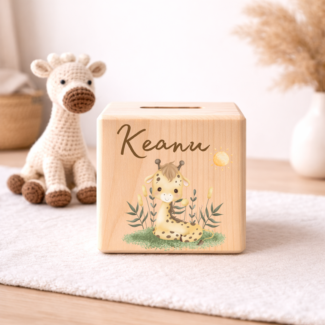 Personalisierte Spardose aus Holz - Safari Tiere
