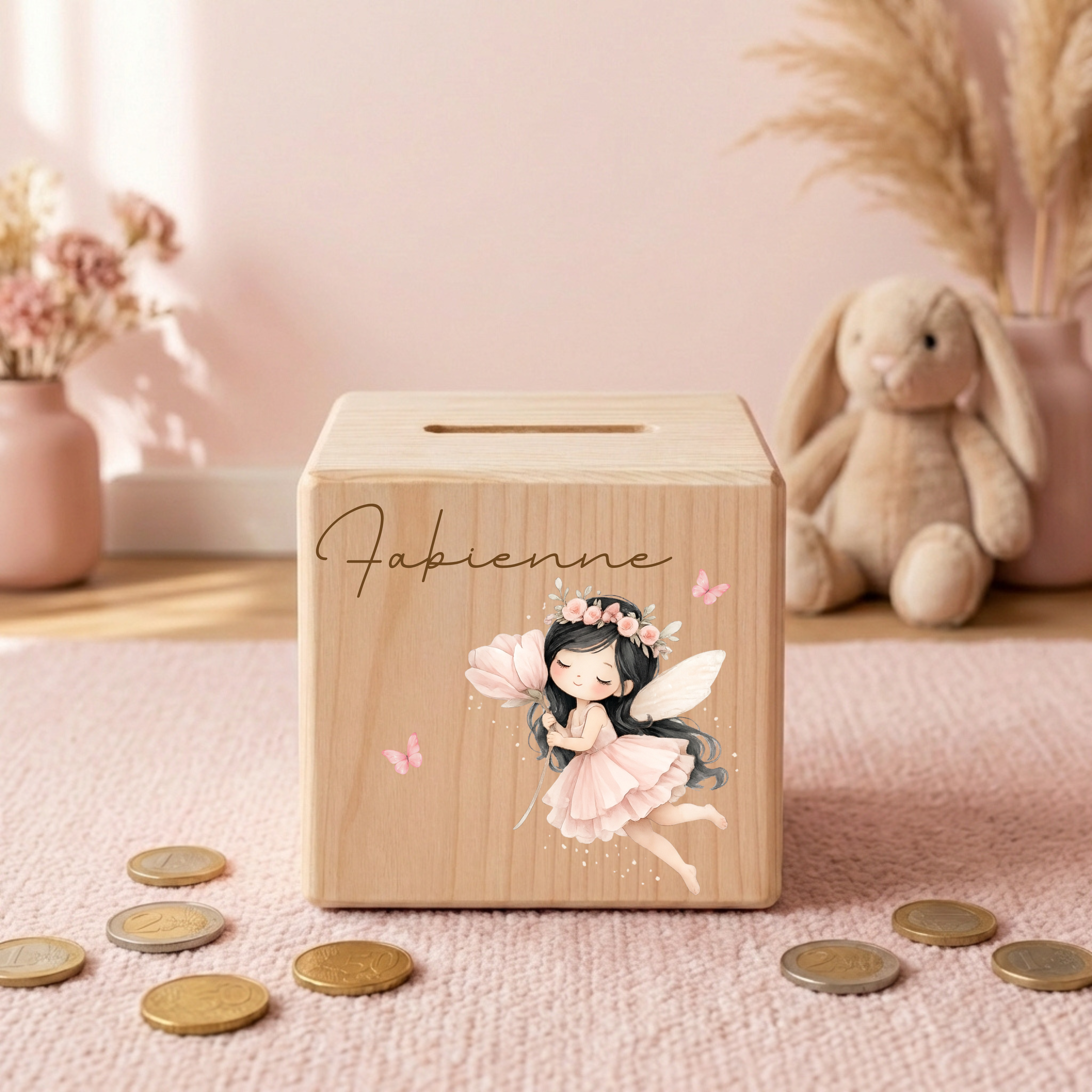 Personalisierte Spardose aus Holz - Fee Motive