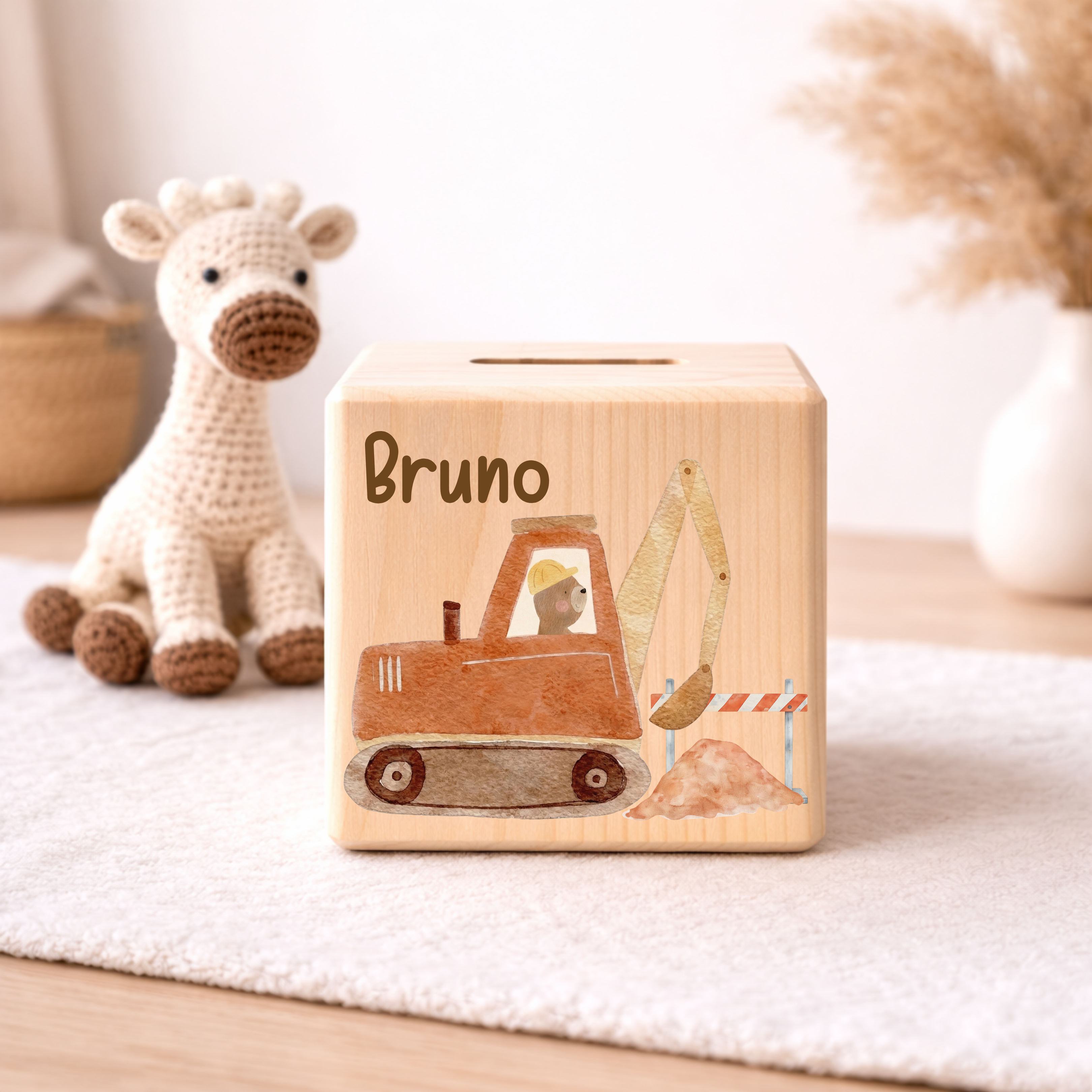 Personalisierte Spardose aus Holz - Baustelle