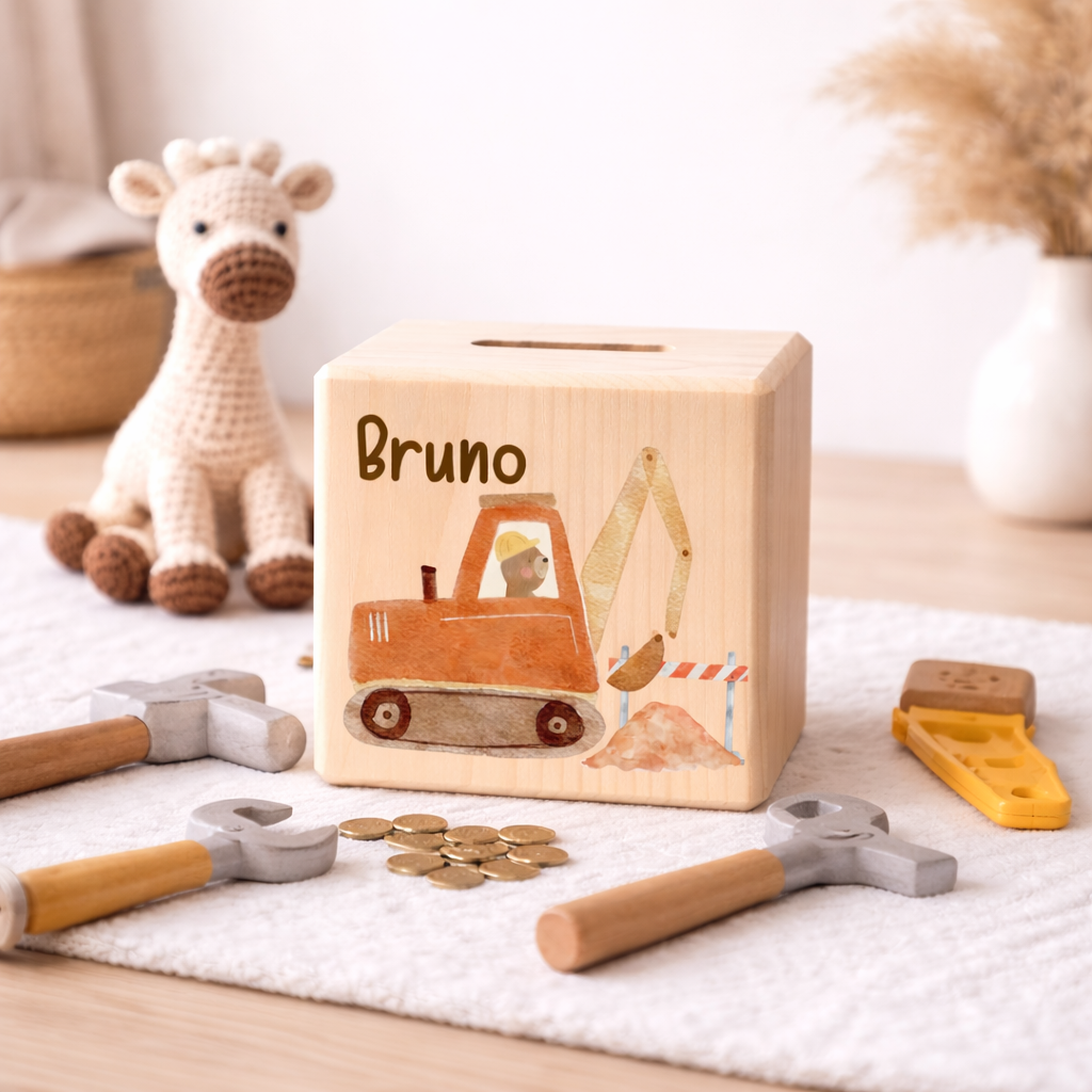 Personalisierte Spardose aus Holz - Baustelle