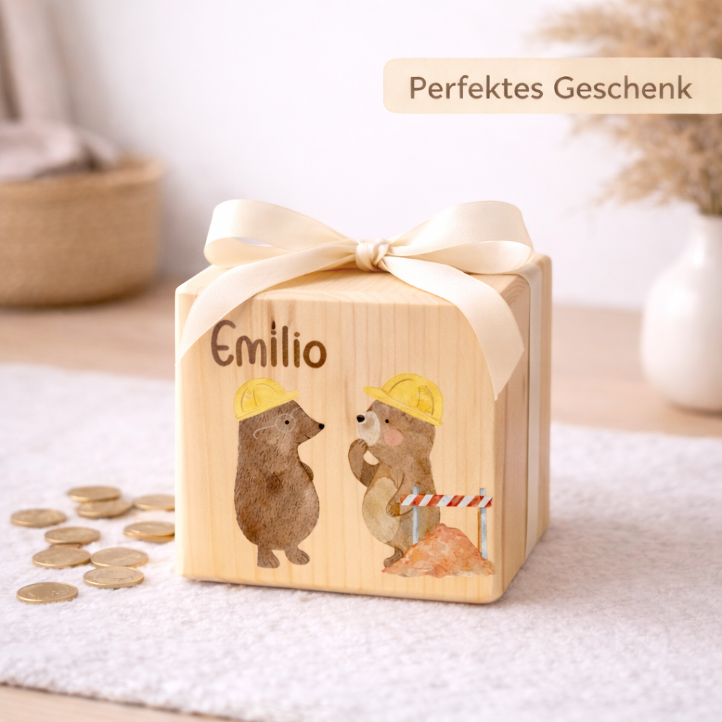 Personalisierte Spardose aus Holz - Baustelle