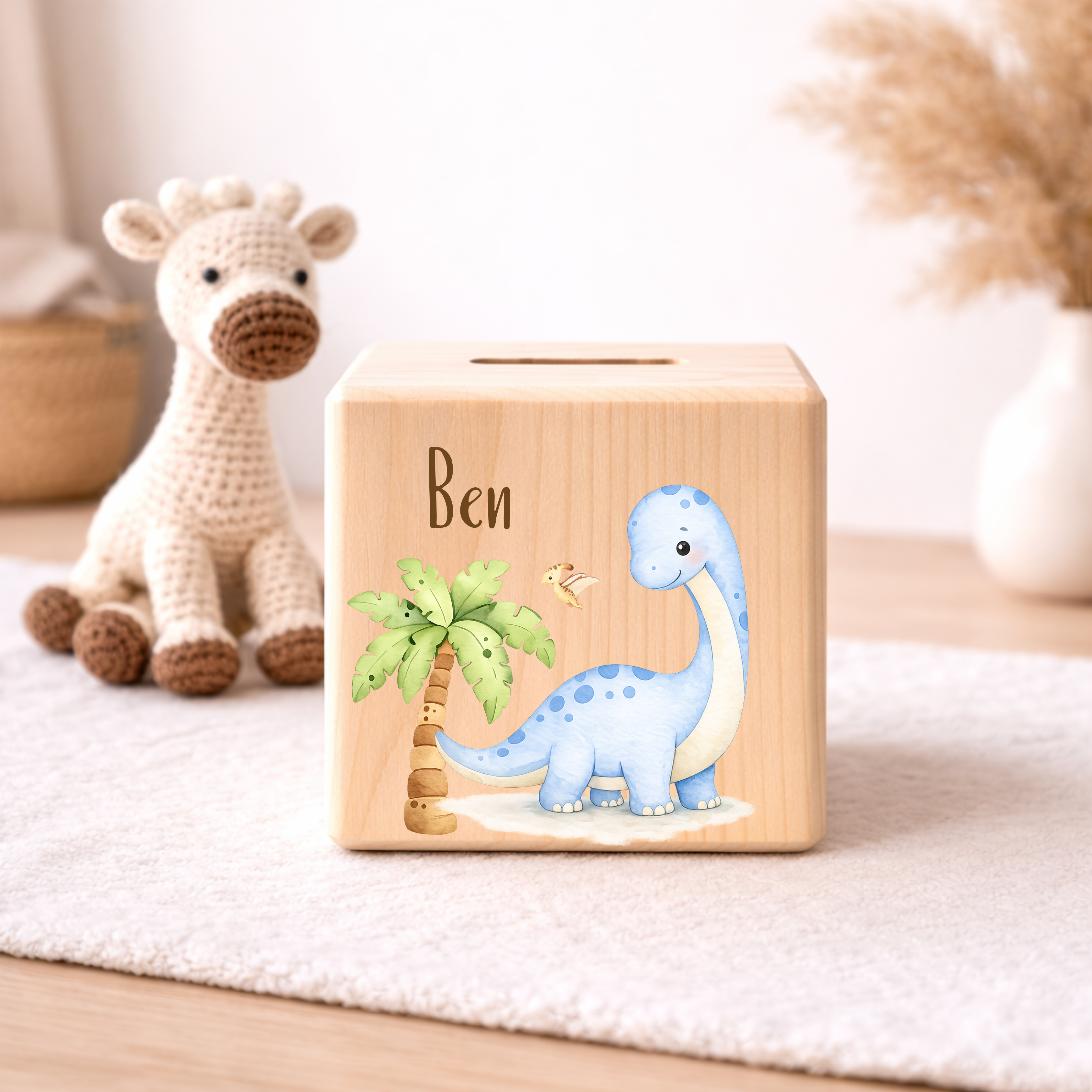 Personalisierte Spardose aus Holz - Dino