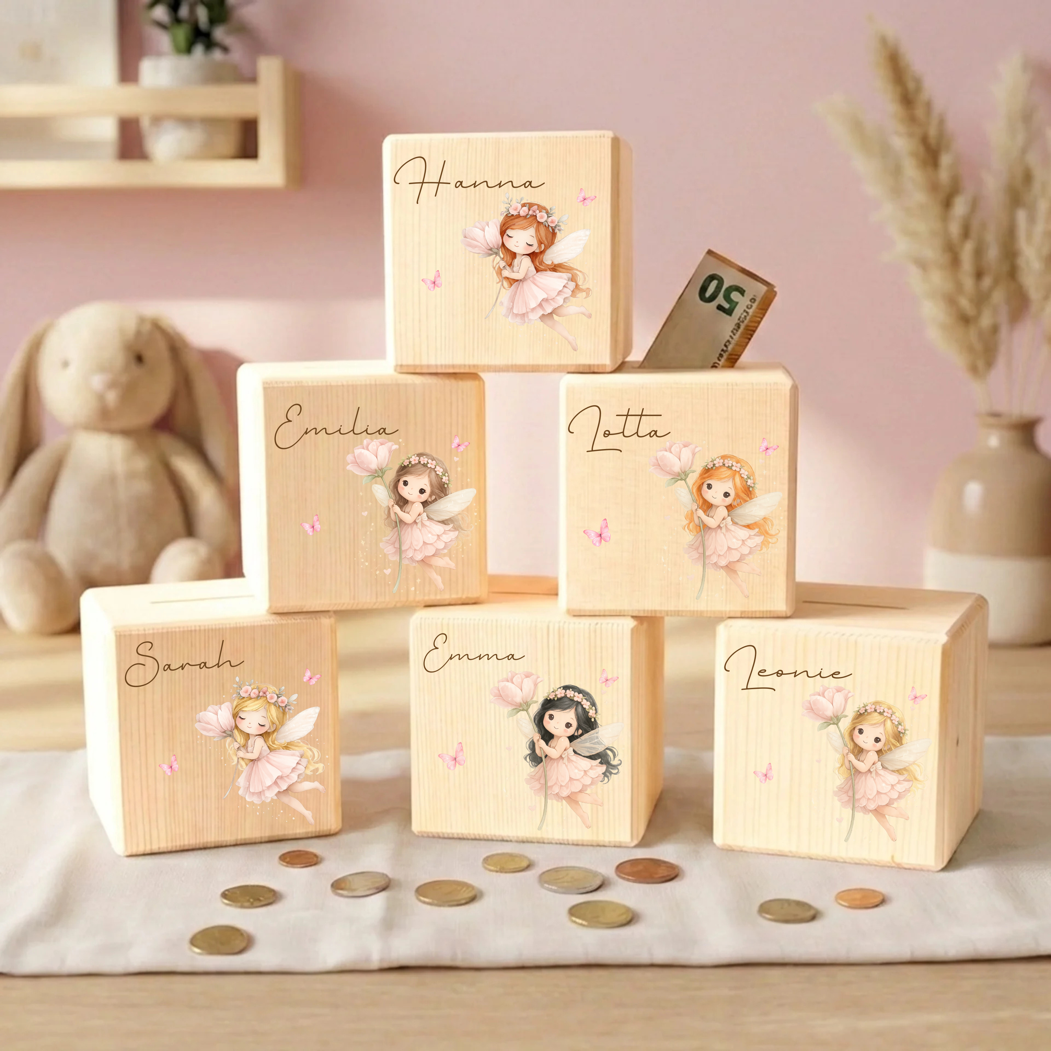 Personalisierte Spardose aus Holz - Fee Motive