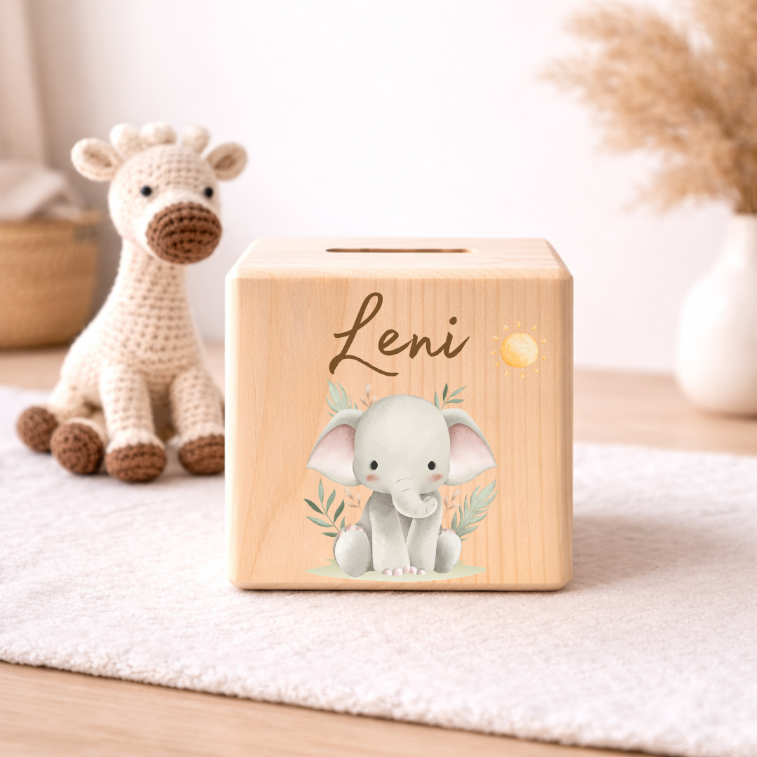 Personalisierte Spardose aus Holz - Safari Tiere