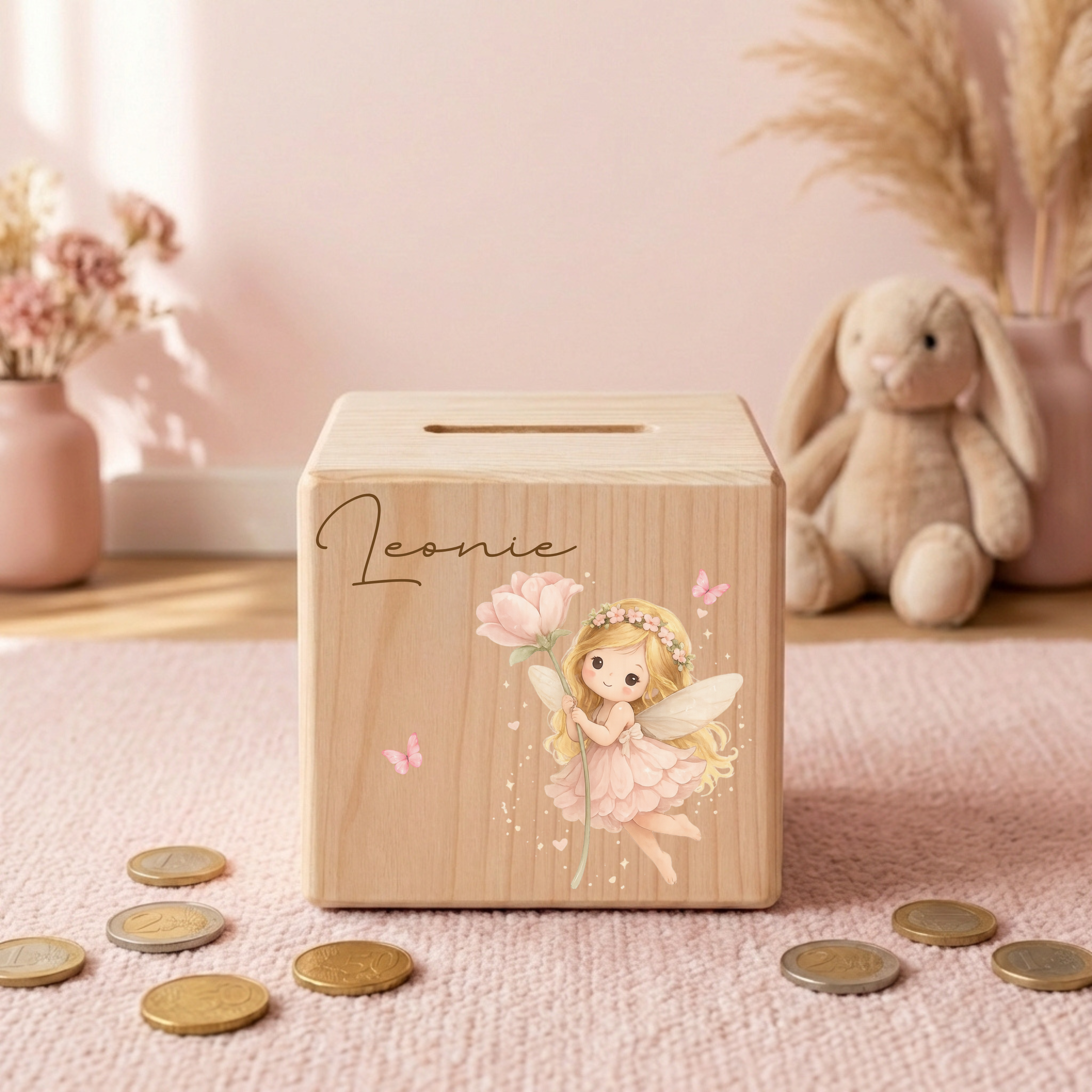 Personalisierte Spardose aus Holz - Fee Motive
