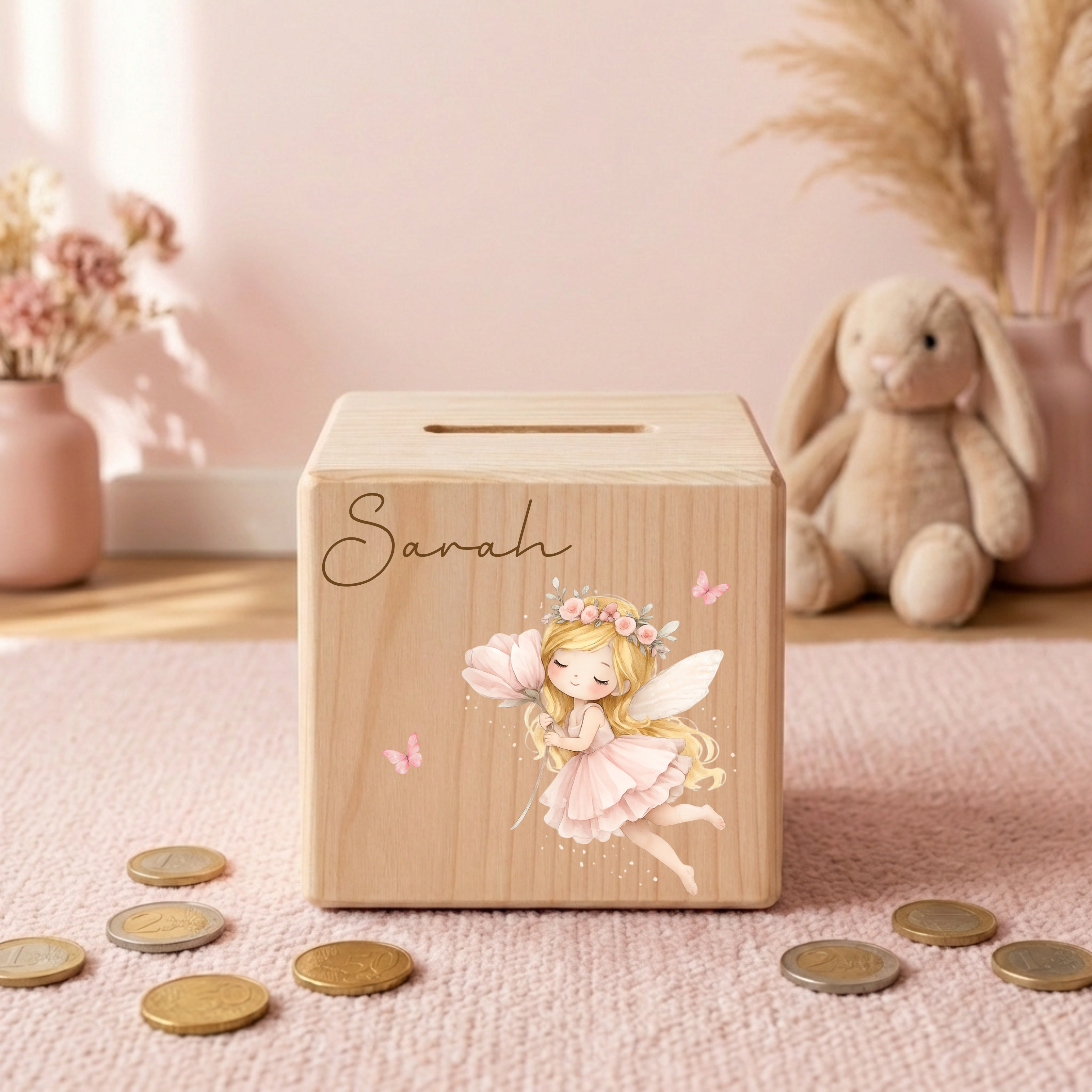 Personalisierte Spardose aus Holz - Fee Motive