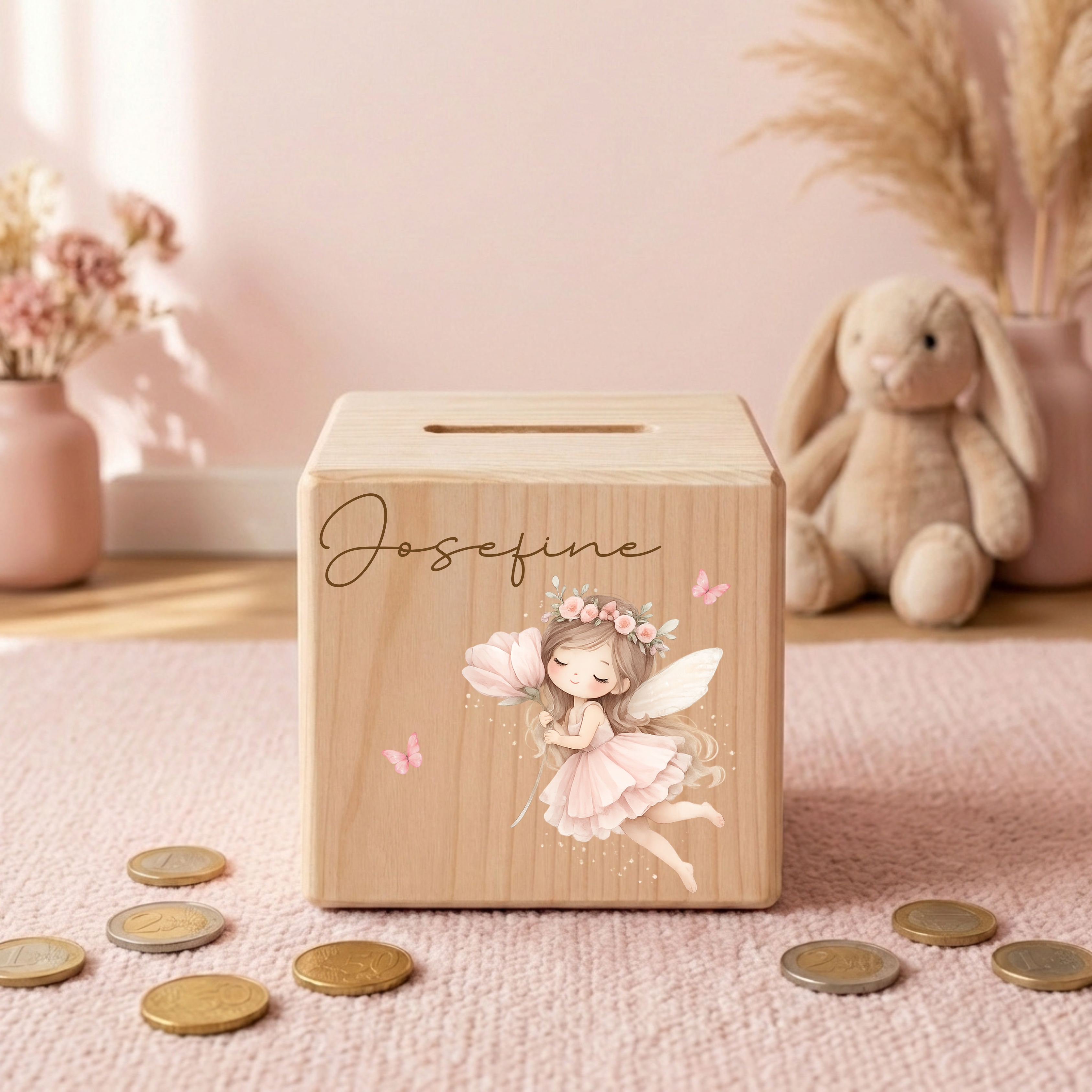 Personalisierte Spardose aus Holz - Fee Motive