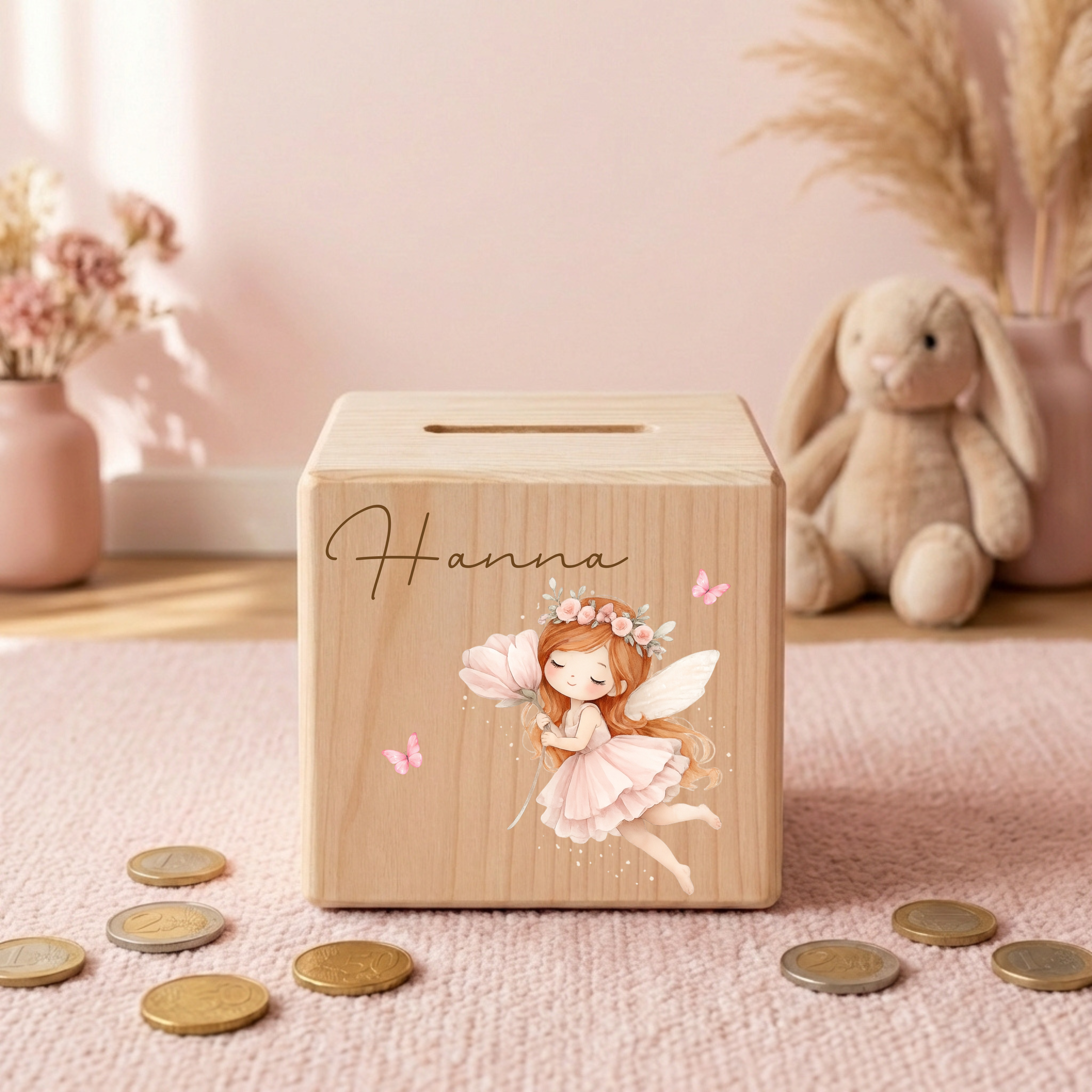 Personalisierte Spardose aus Holz - Fee Motive