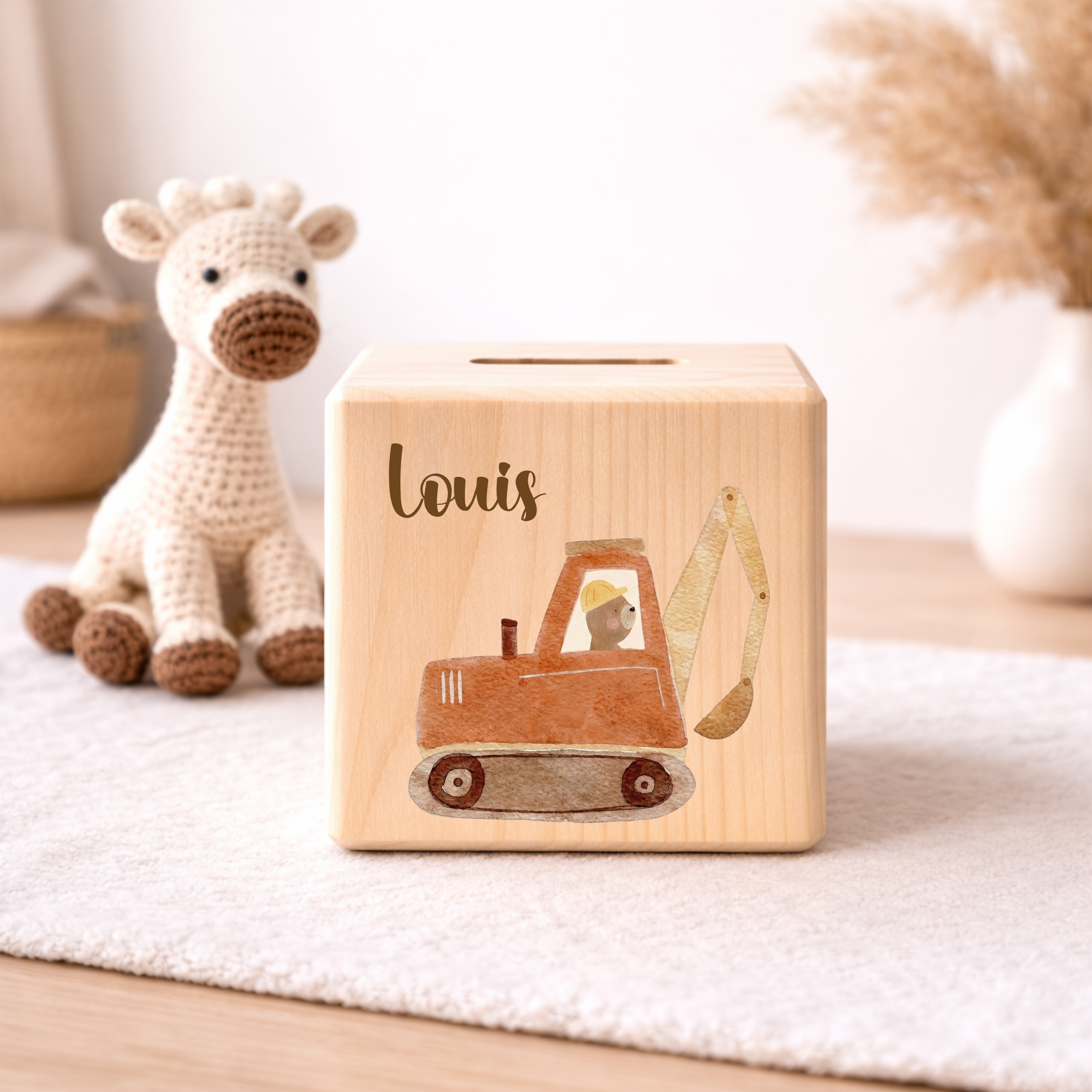 Personalisierte Spardose aus Holz - Baustelle