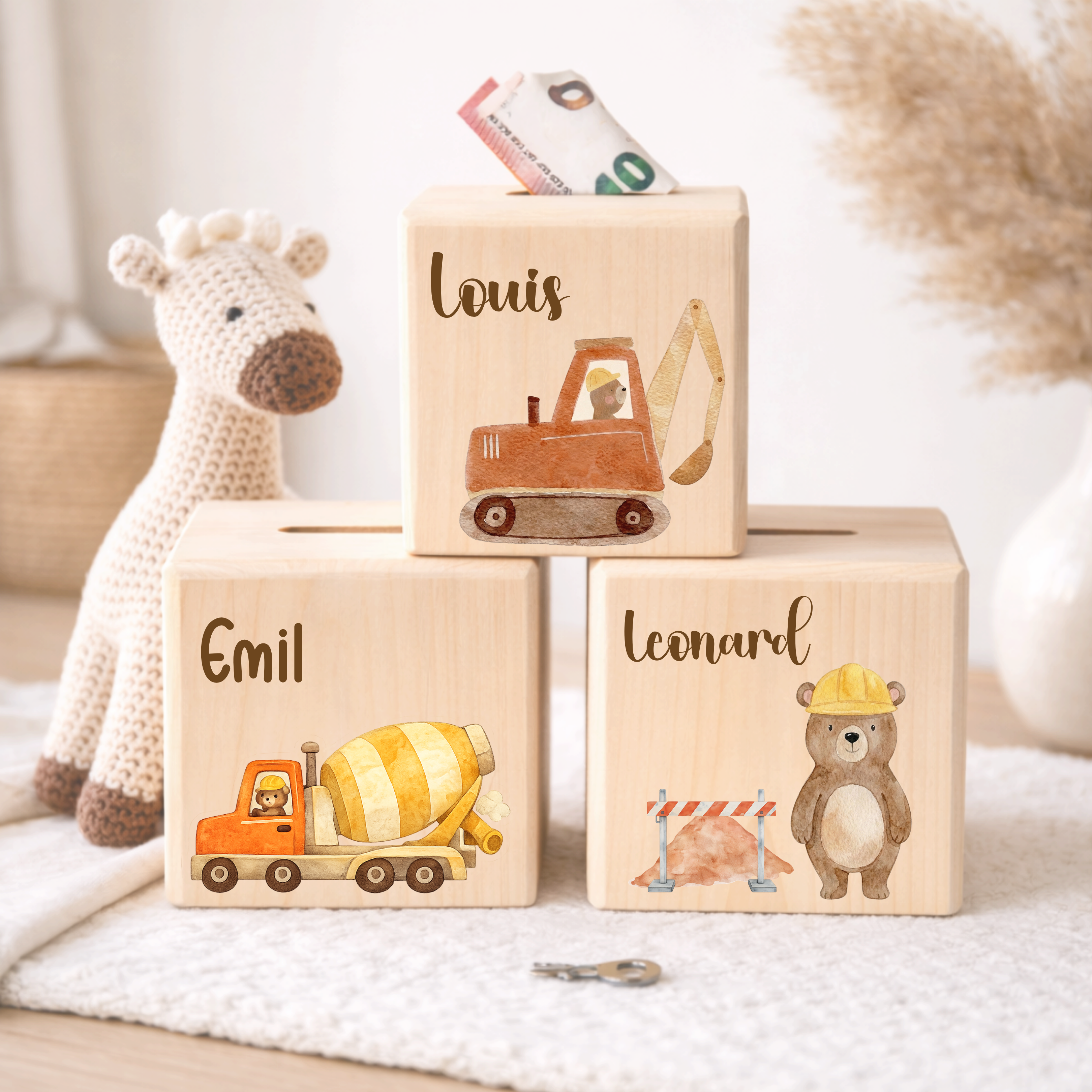 Personalisierte Spardose aus Holz - Baustelle
