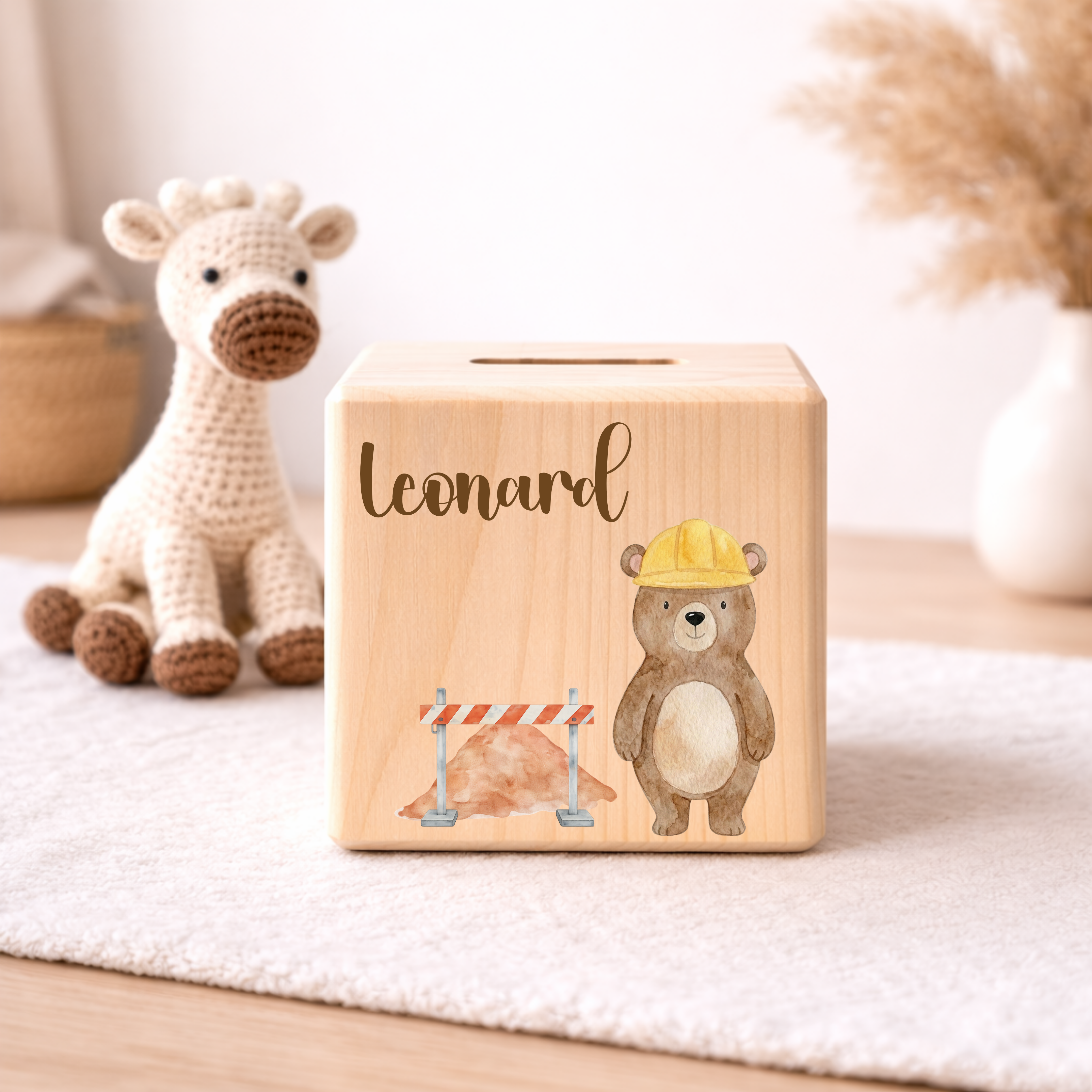 Personalisierte Spardose aus Holz - Baustelle