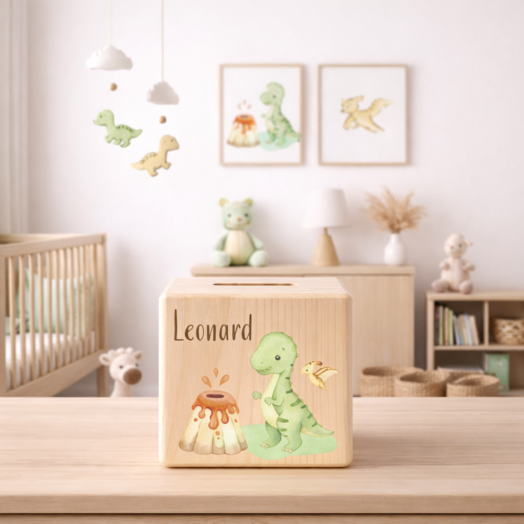 Personalisierte Spardose aus Holz - Dino