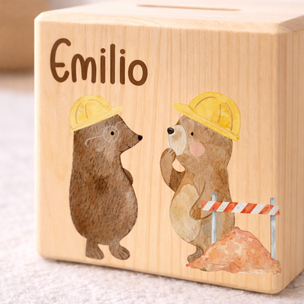 Personalisierte Spardose aus Holz - Baustelle