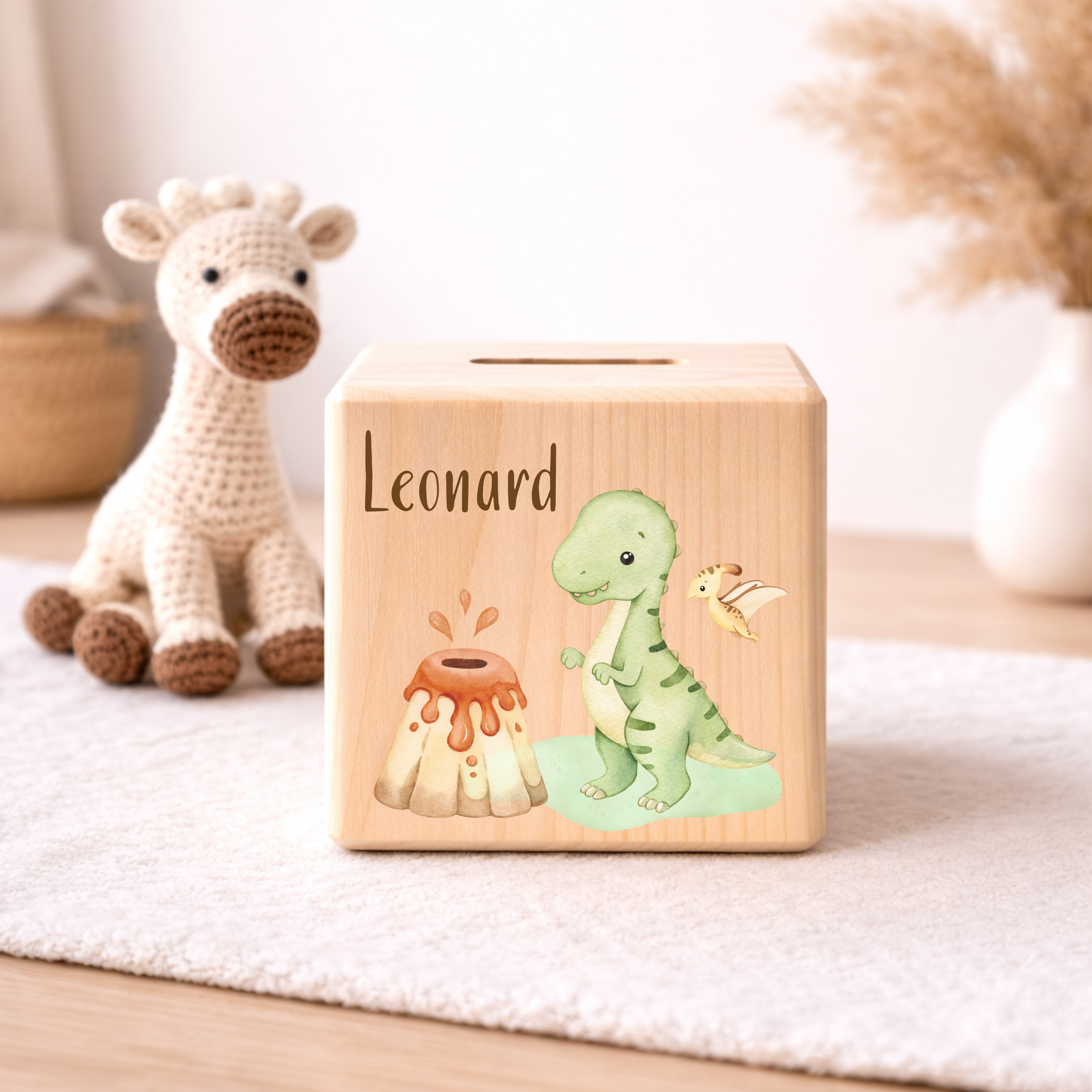 Personalisierte Spardose aus Holz - Dino