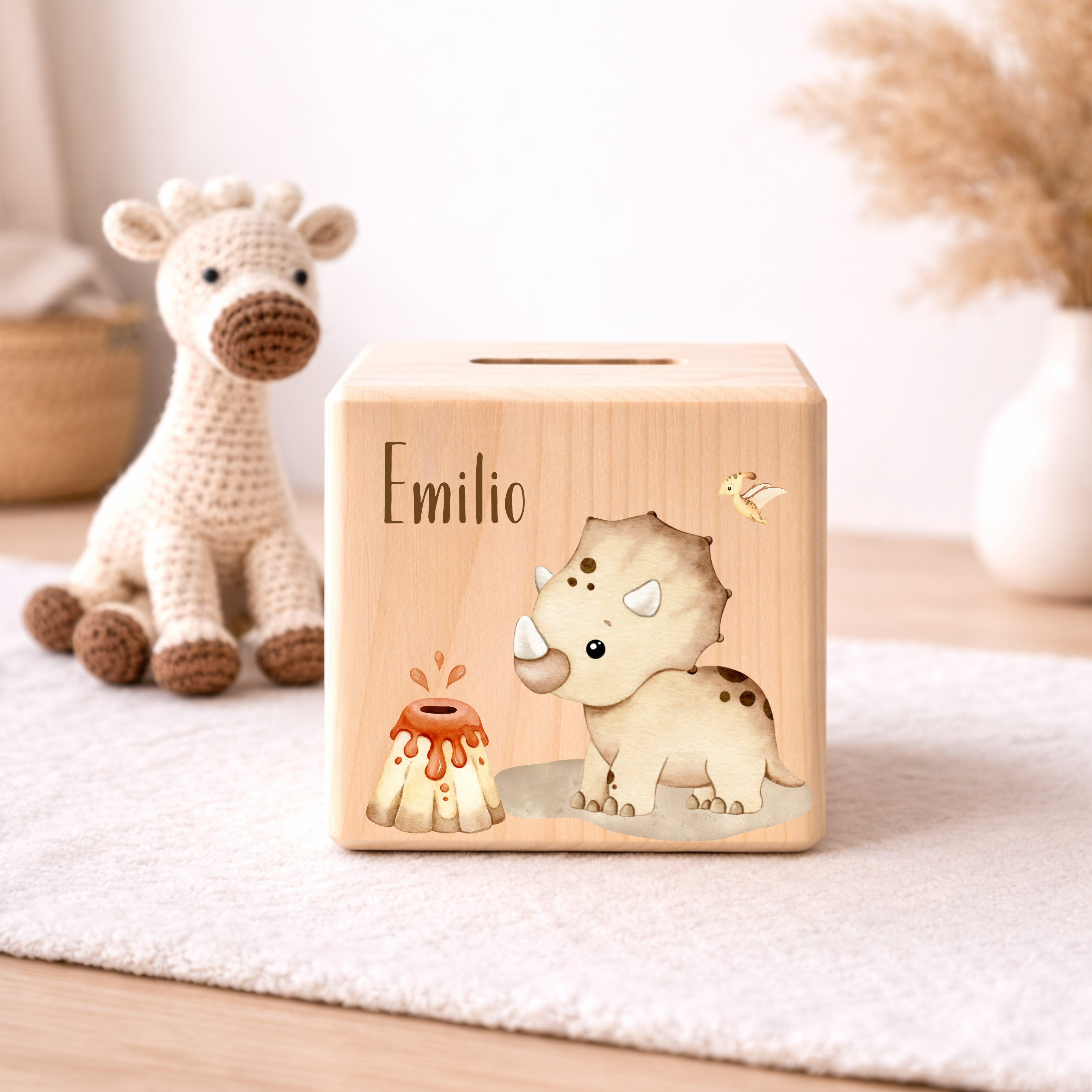 Personalisierte Spardose aus Holz - Dino